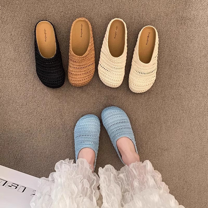 Sandal Wanita Anyaman Rafia, S - Slip On Mule Flat ulasan dan harga